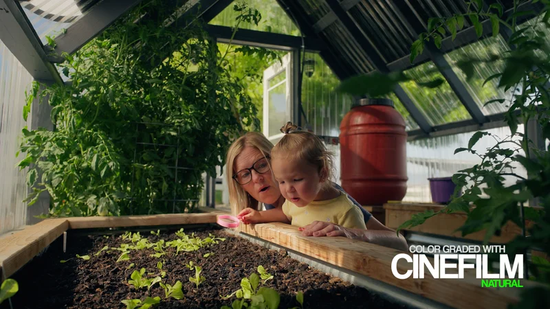 A woman and child examining seedlings in a greenhouse, graded with CINEFILM Natural